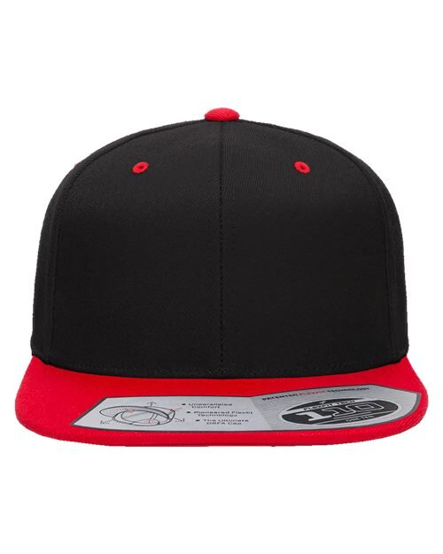 Blank black Flexfit 110 flat-bill snapback with a red brim
