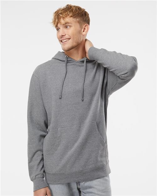 Model in a blank heather-gray Independent Trading SS4500 hoodie