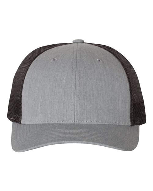 Blank heather-gray and black Richardson 115 trucker cap